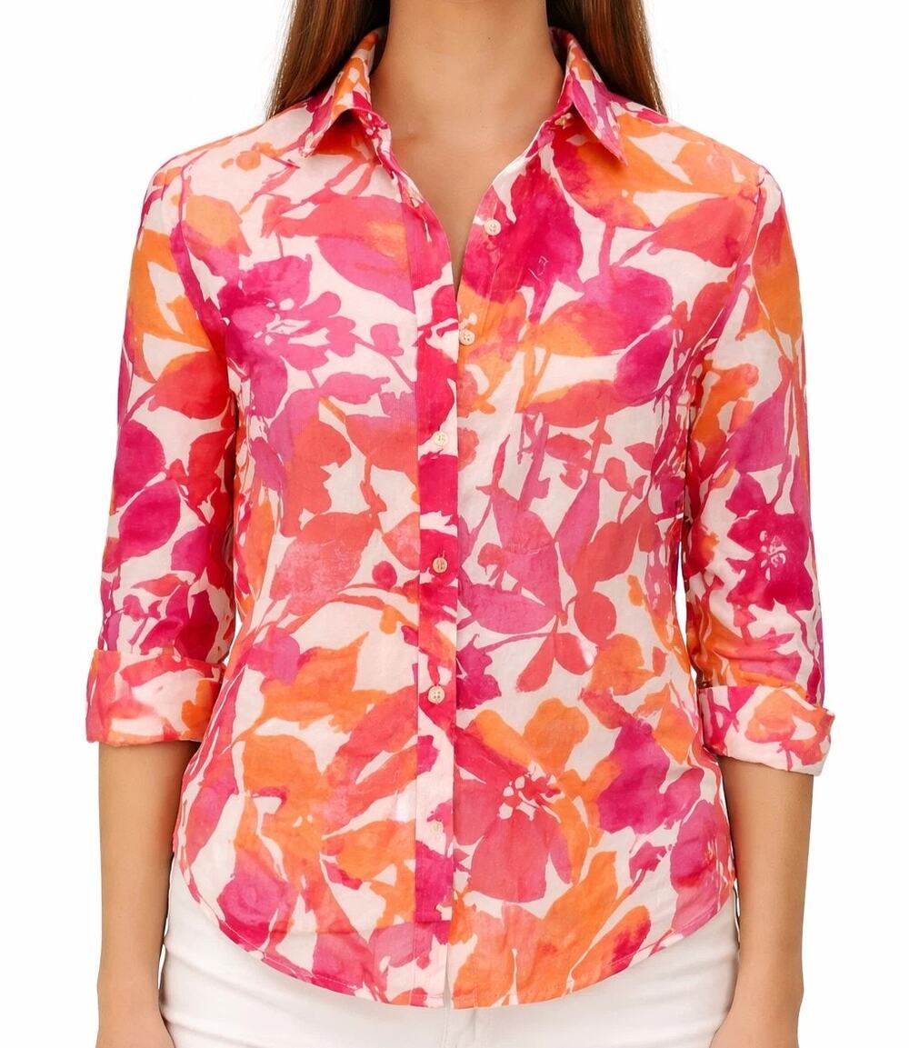 Lauren Ralph Lauren Button Up Blouse Women XS Petite 3/4 Sleeve Tropical Floral